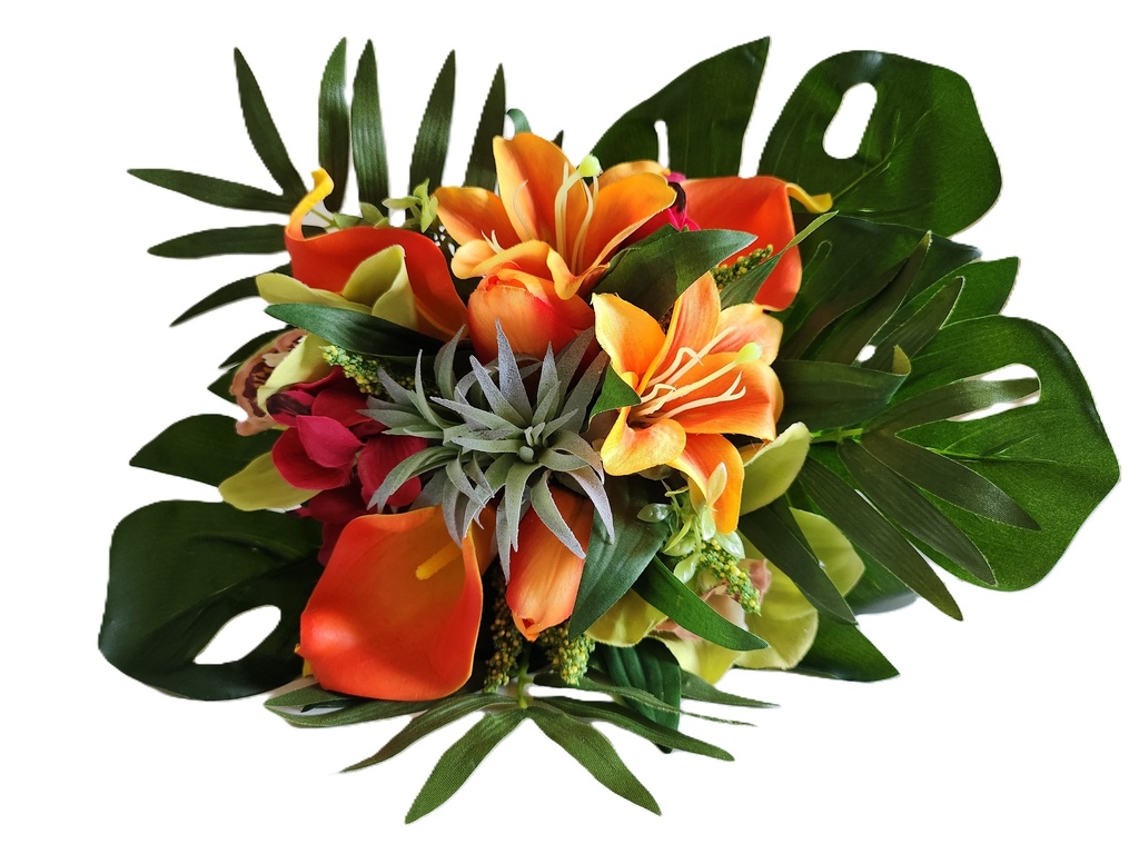Bouquet artificiel tropical, orchidées, callas
