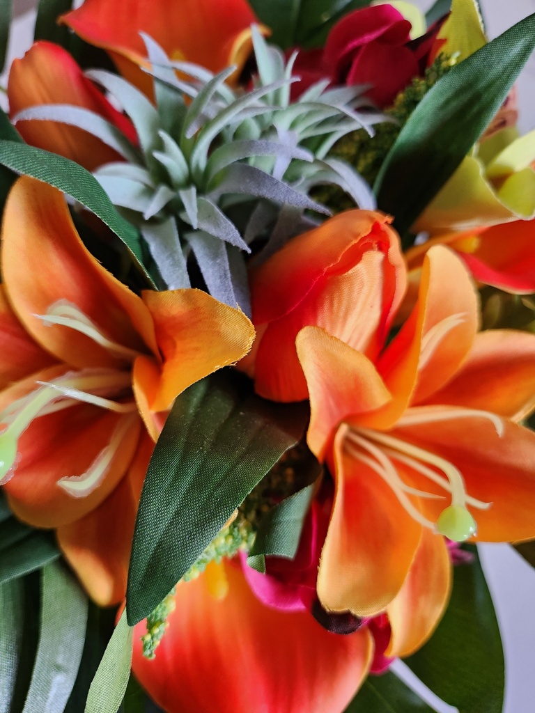 Bouquet artificiel tropical, orchidées, callas