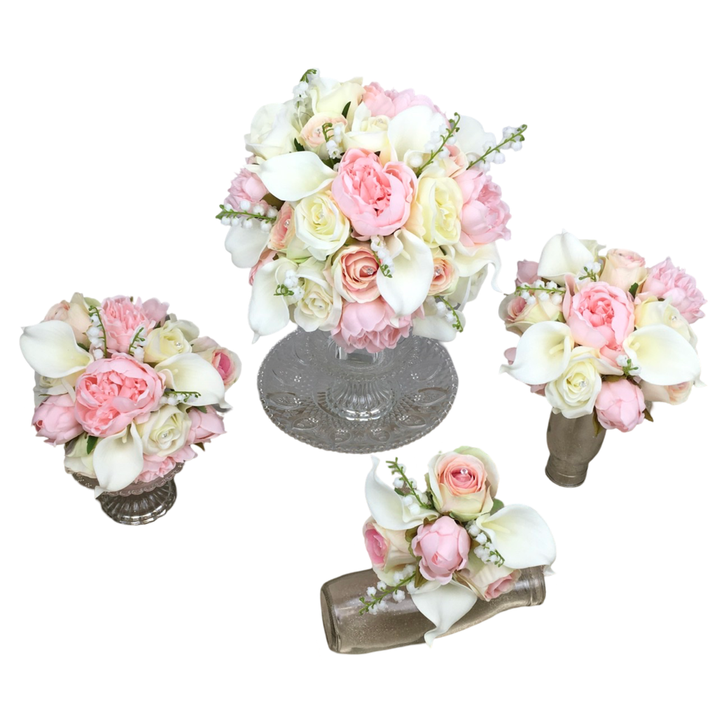 Bouquet artificiel callas, roses, pivoines et muguet 