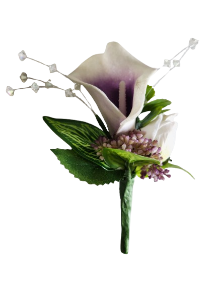 Boutonnière artificielle calla, rose et viorne