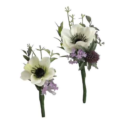 2 Boutonnières en soie d'anémone et chardon