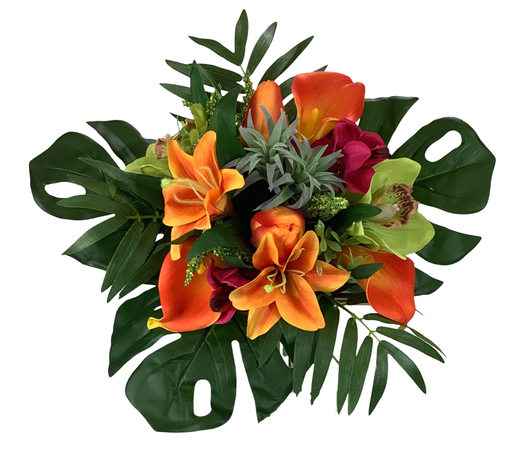 Bouquet artificiel tropical, orchidées, callas